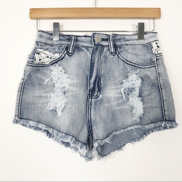 Crochet Lace Frayed Hem Distressed Jean Shorts 3 - Picture 1 of 5